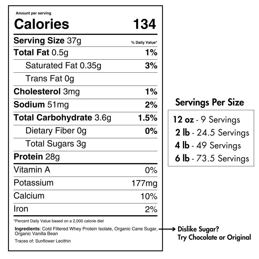 Whey Protein Isolate – Organic Vanilla, 28g Protein, 2lb–36lb